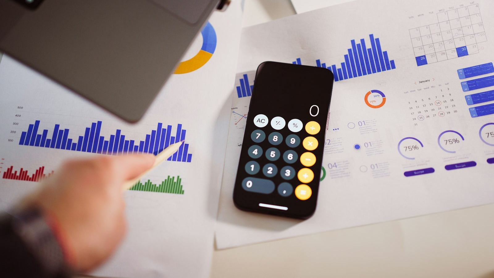 Calculator and marketing performance charts on a desk, planning a digital marketing budget