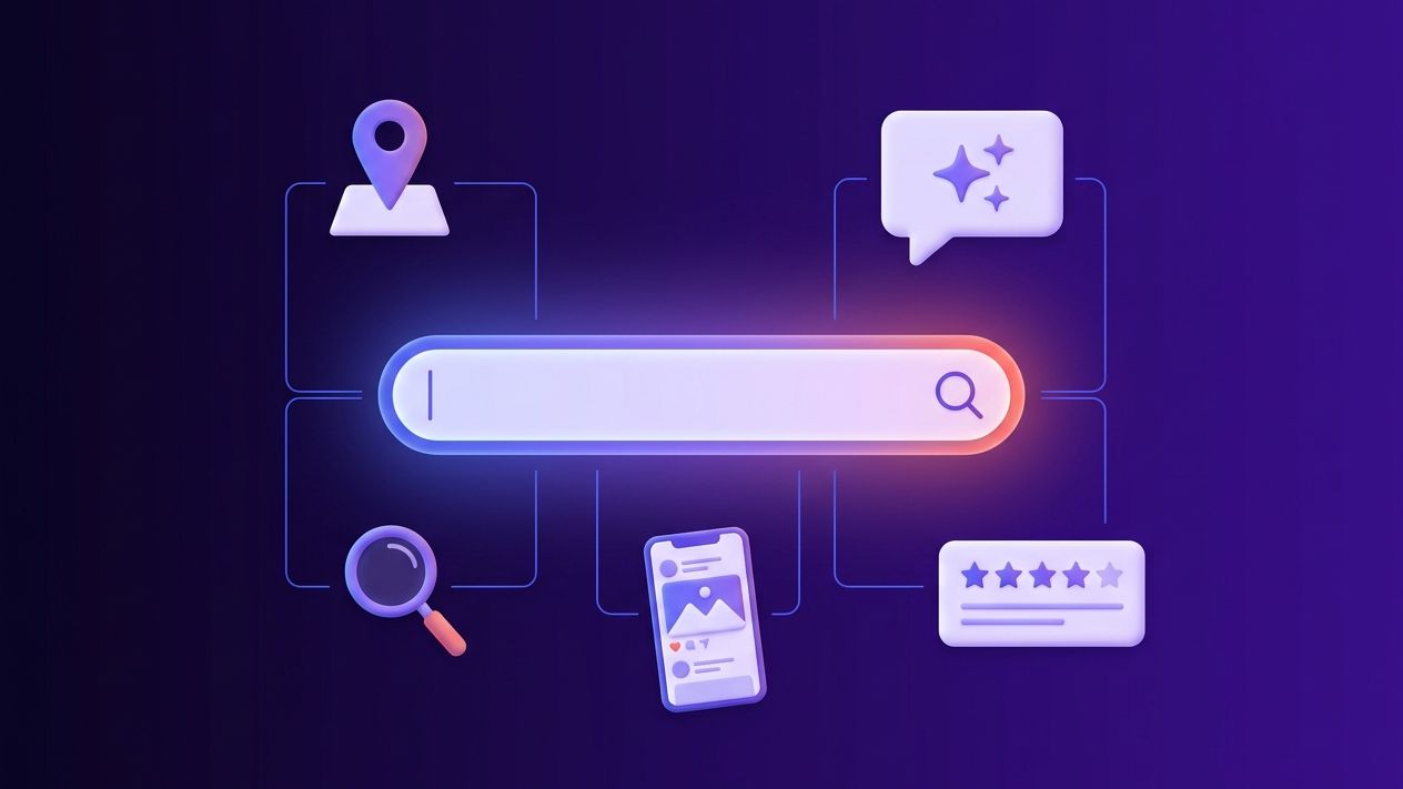 Illustration of a search bar connected to map, social media, AI assistant and review icons, showing how customers search for businesses
